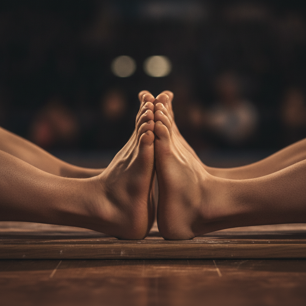 Close-up of interlocked toes preparing for competition